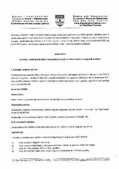 JAVNI POZIV ZA DODJELU SREDSTAVA IZ OBLASTI VATROGASTVA ZA PROJKTE DOBROVOLJNIH VATROGASNIH DRUŠTAVA