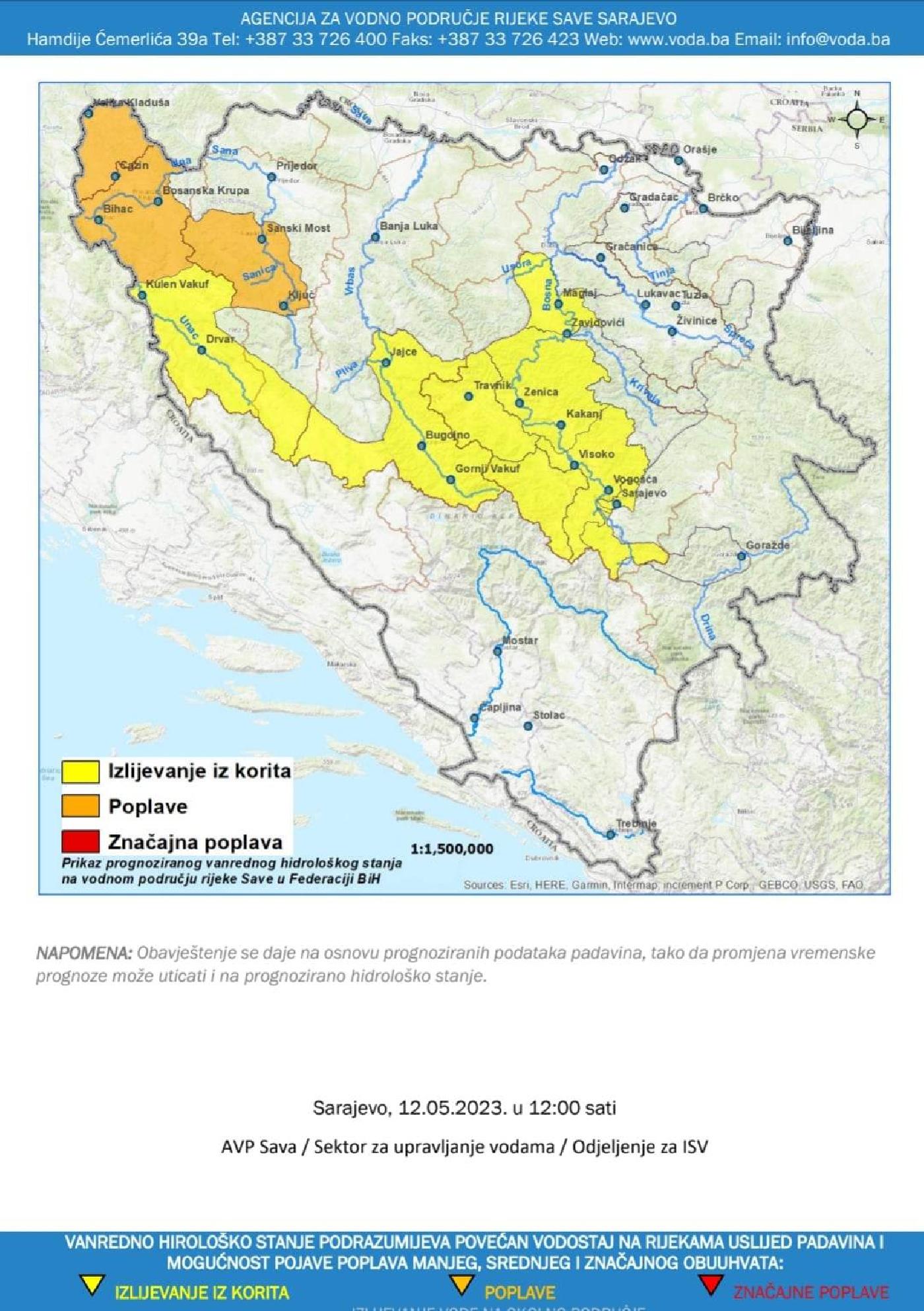 OBAVJEŠTENJE O PROGNOZI VANREDNOG HIDROLOŠKOG STANJA ZA PERIOD: 14.05 - 18.05.2023. GODINE