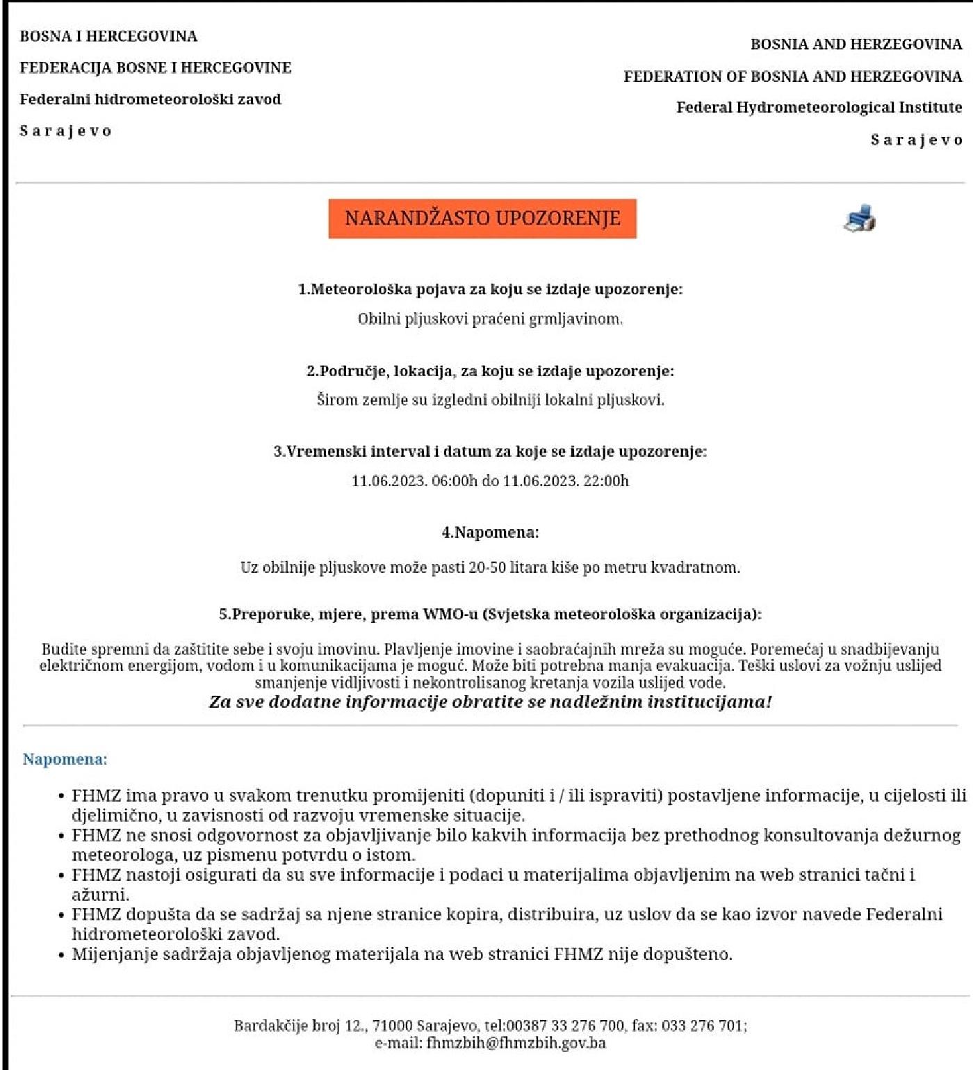 NARANDŽASTO UPOZORENJE ZA OBILNE PADAVINE