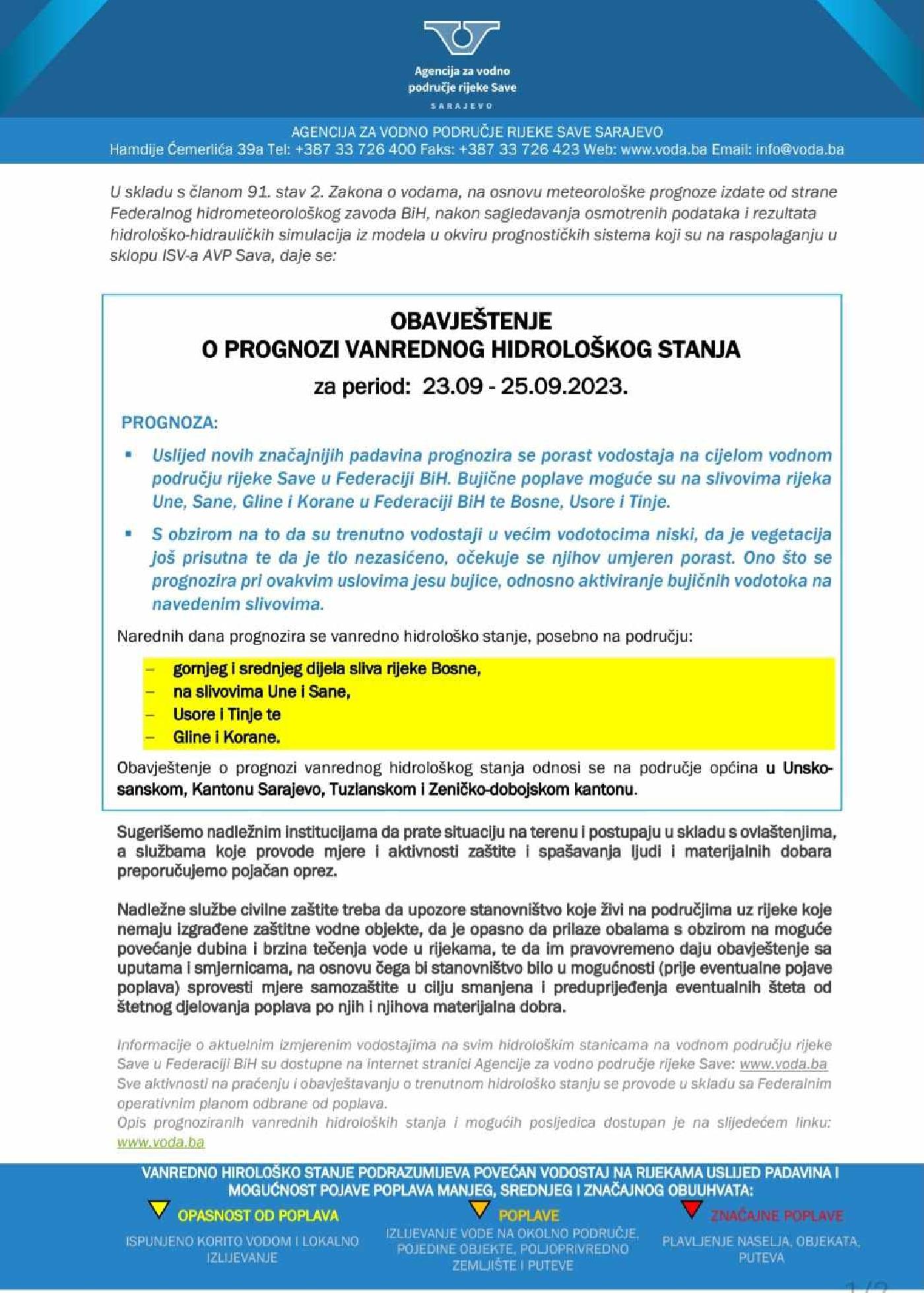 OBAVJEŠTENJE O PROGNOZI VANREDNOG HIDROLOŠKOG STANJA ZA PERIOD 23.09.-25.09.2023. GODINE