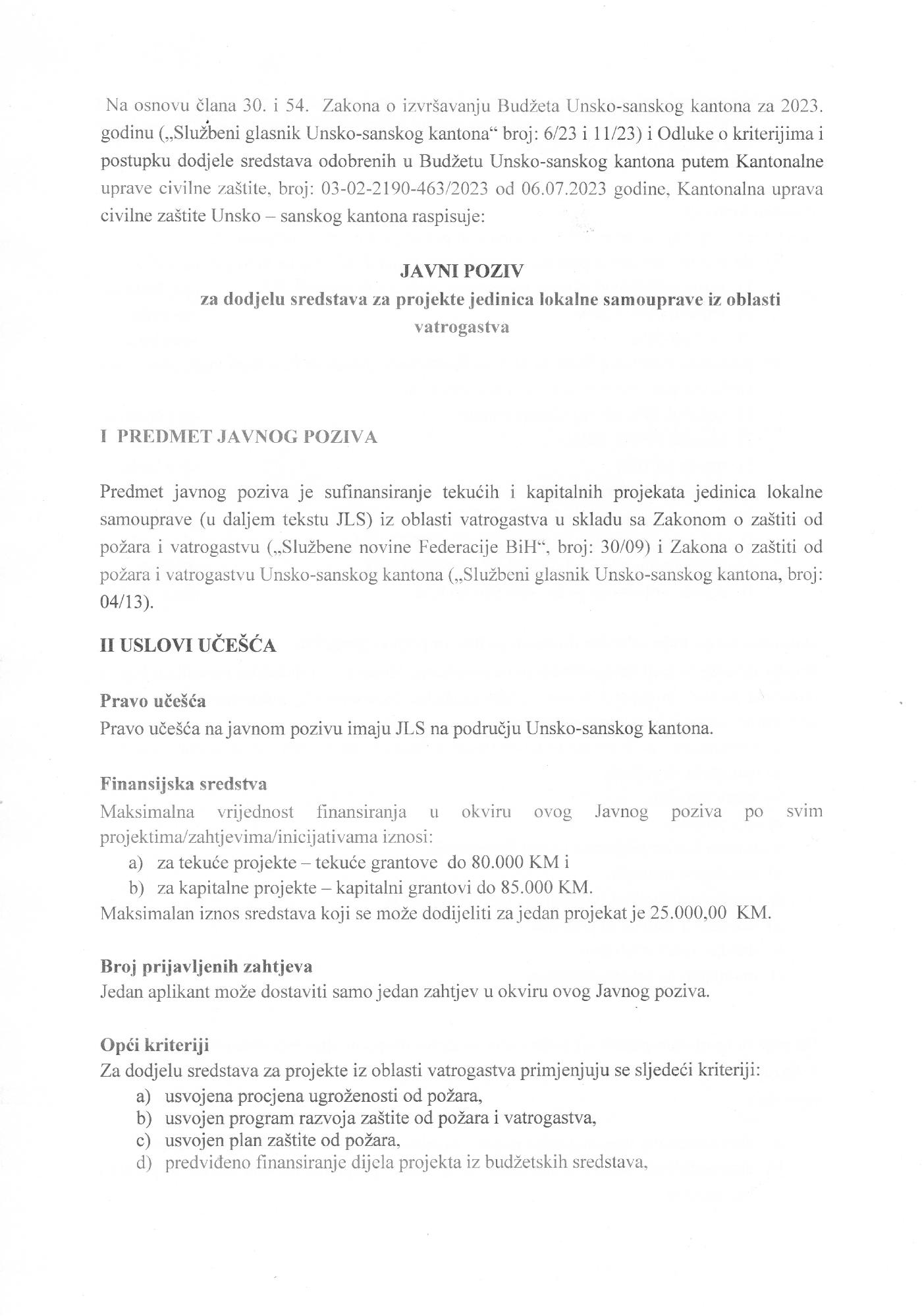 JAVNI POZIV ZA DODJELU SREDSTAVA ZA PROJEKTE JEDINICA LOKALNE SAMOUPRAVE IZ OBLASTI VATROGASTVA