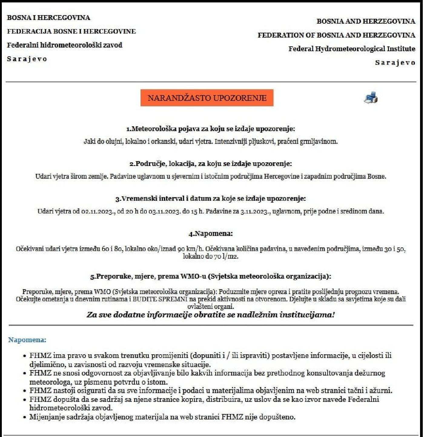 NARANDŽASTO UPOZORENJE ZA OPASNE METEOROLOŠKE POJAVE.