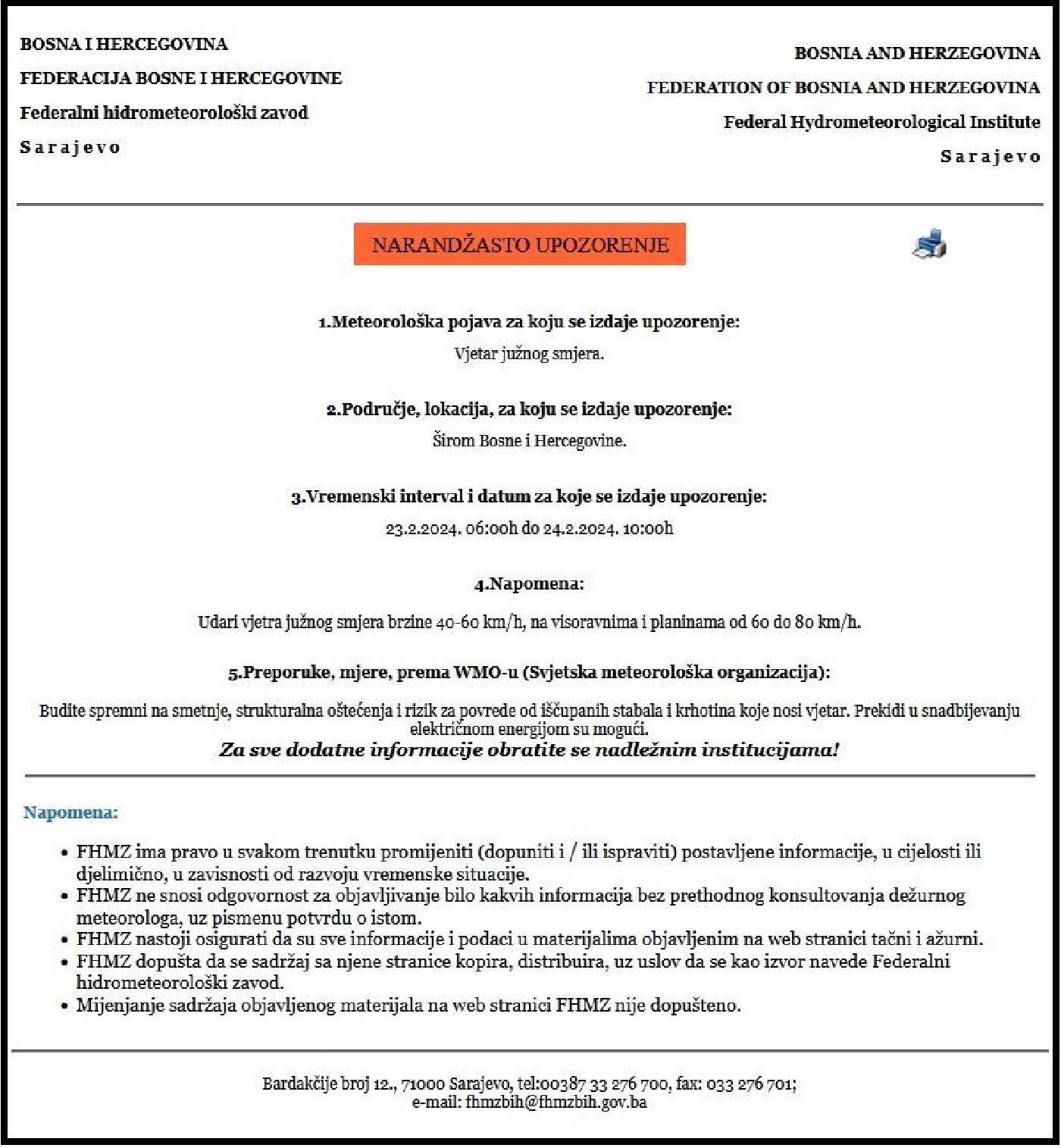 NARANDŽASTO UPOZORENJE ZA PERIOD OD 23.02.2024. - 24.02.2024. GODINE