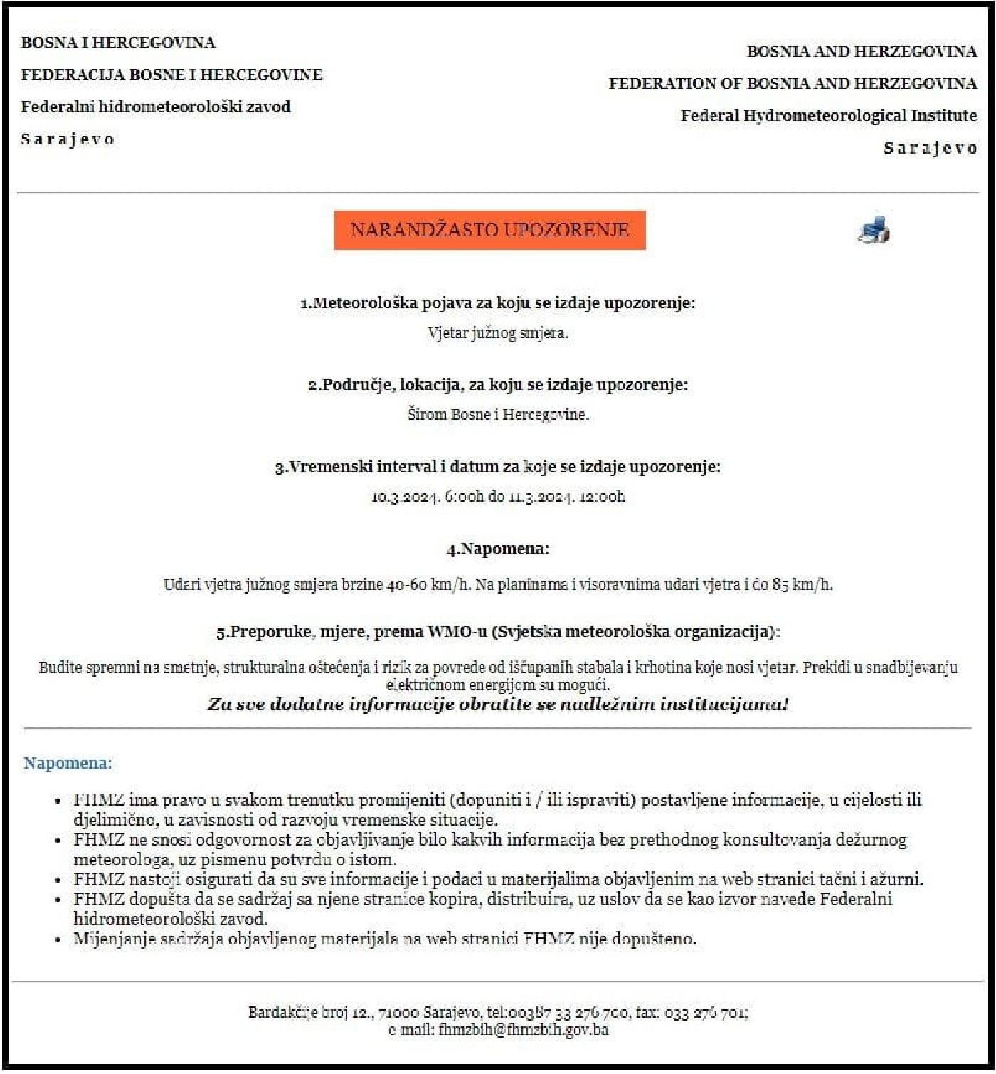 NARANDŽASTO UPOZORENJE ZA VJETAR U PERIODU OD 10.03.2024.-11.03.2024. GODINE