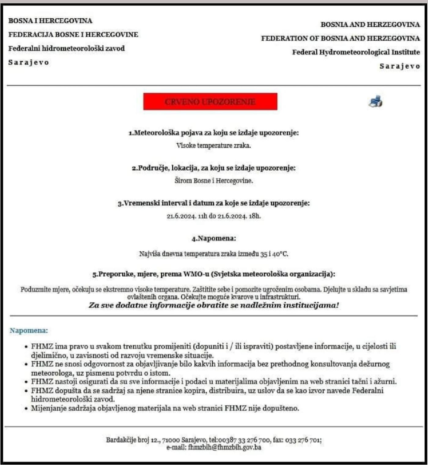 CRVENO UPOZORENJE ZA VISOKE TEMPERATURE ZRAKA
