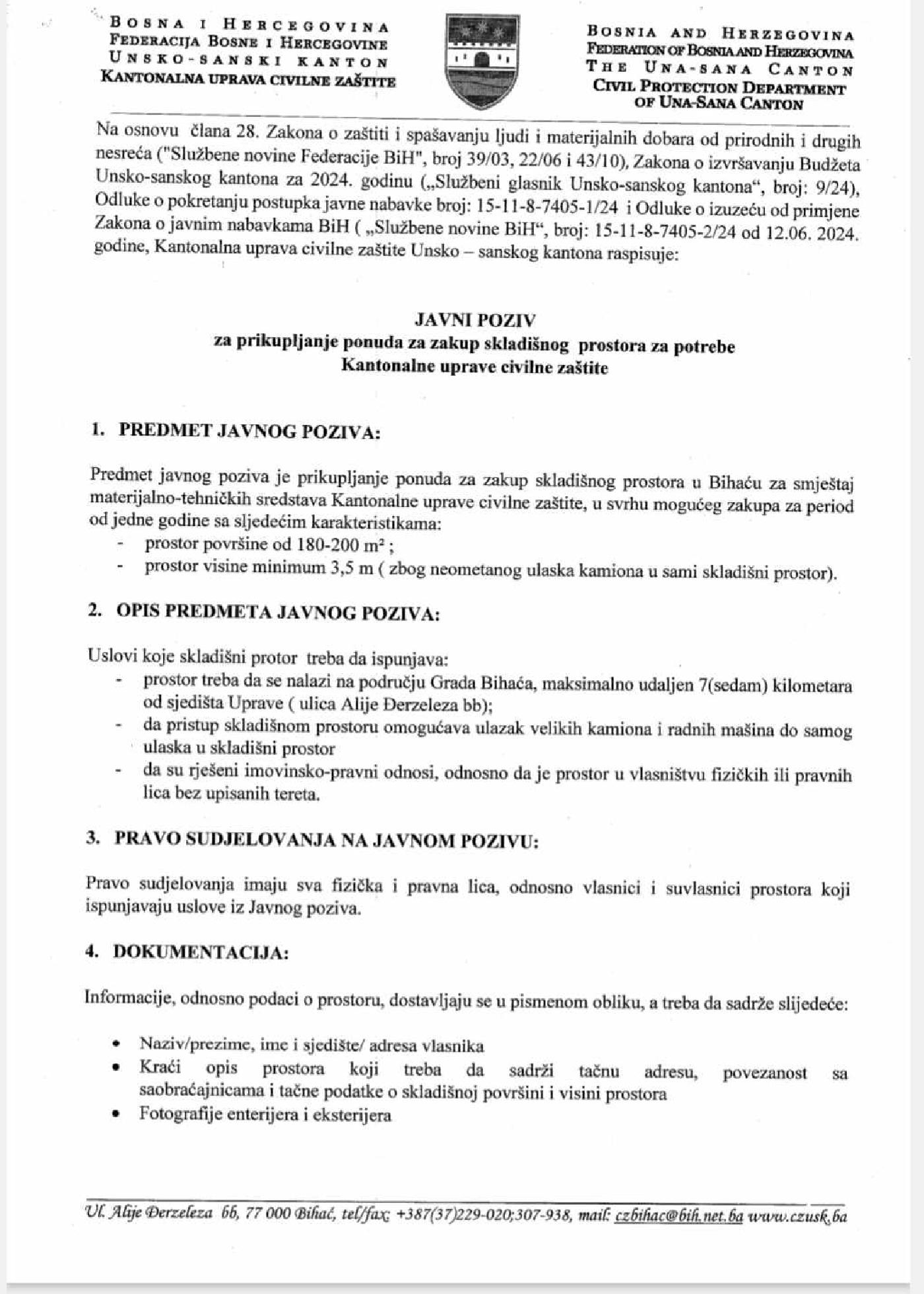 JAVNI POZIV ZA PRIKUPLJANJE PONUDA ZA ZAKUP SKLADIŠNOG PROSTORA ZA POTREBE KANTONALNE UPRAVE CIVILNE ZAŠTITE OD 14.06.2024. godine