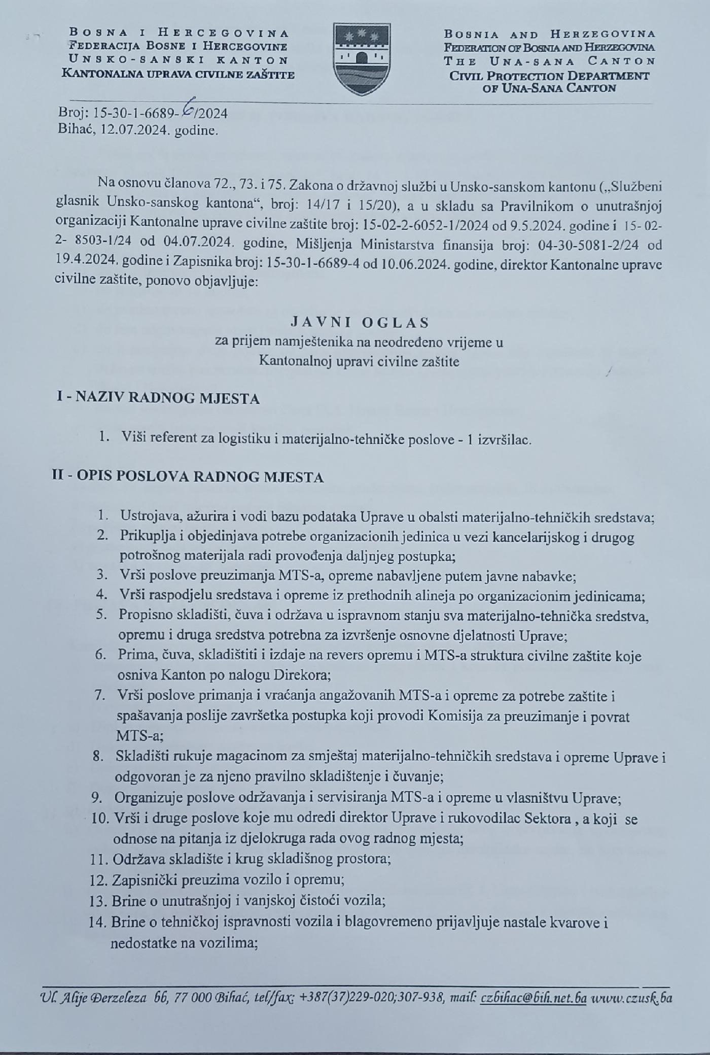 JAVNI OGLAS ZA PRIJEM NAMJEŠTENIKA NA NEODREĐENO VRIJEME U KANTONALNOJ UPRAVI CIVILNE ZAŠTITE