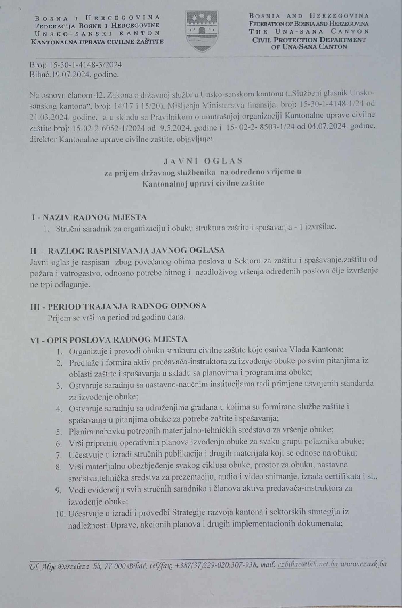 JAVNI OGLAS ZA PRIJEM DRŽAVNOG SLUŽBENIKA NA ODREĐENO VRIJEME U KANTONALNOJ UPRAVI CIVILNE ZAŠTITE