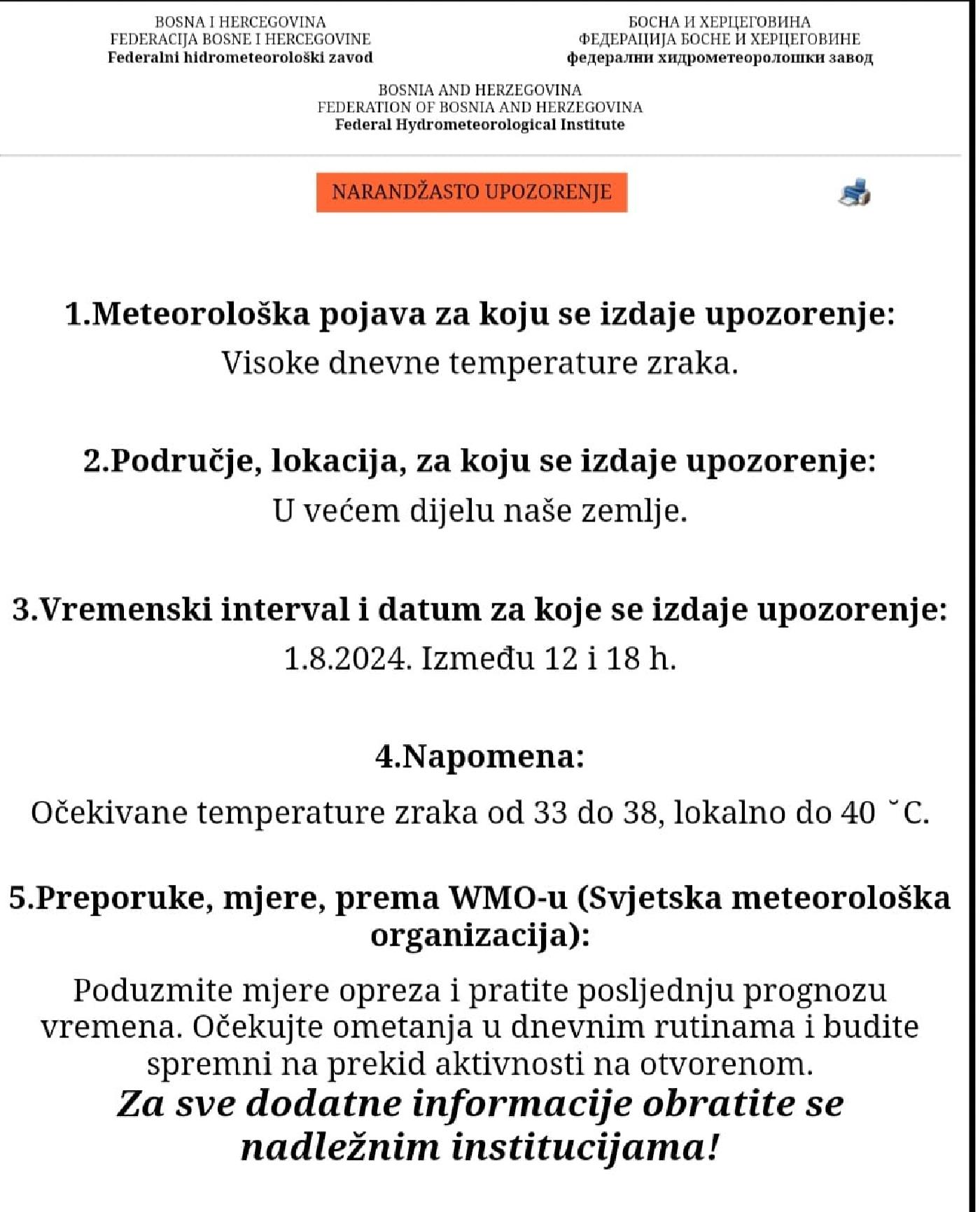 NARANDŽASTO UPOZORENJE ZA VISOKE DNEVNE TEMPERATURE ZRAKA