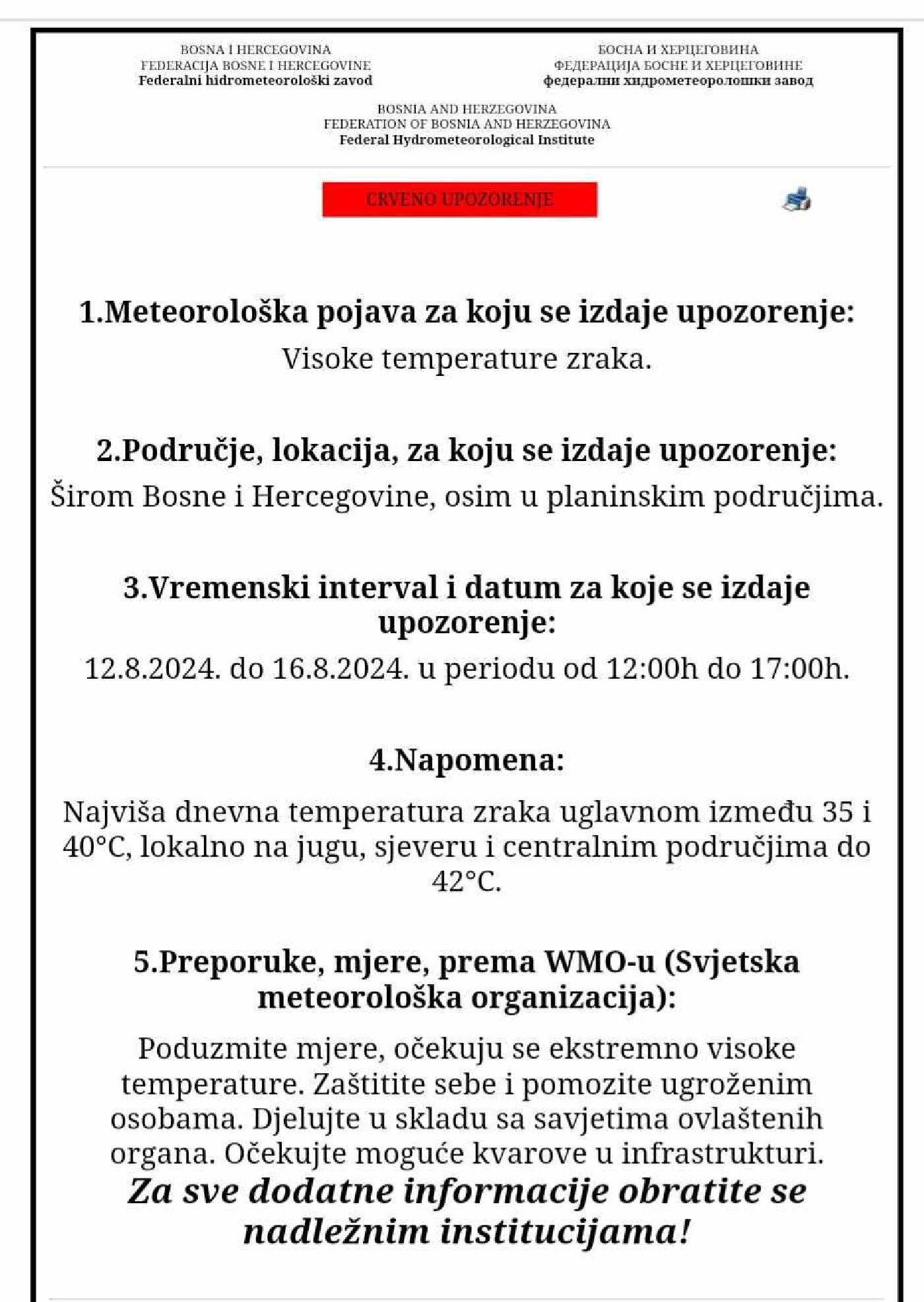 CRVENO UPOZORENJE ZA VISOKE TEMPERATURE ZRAKA