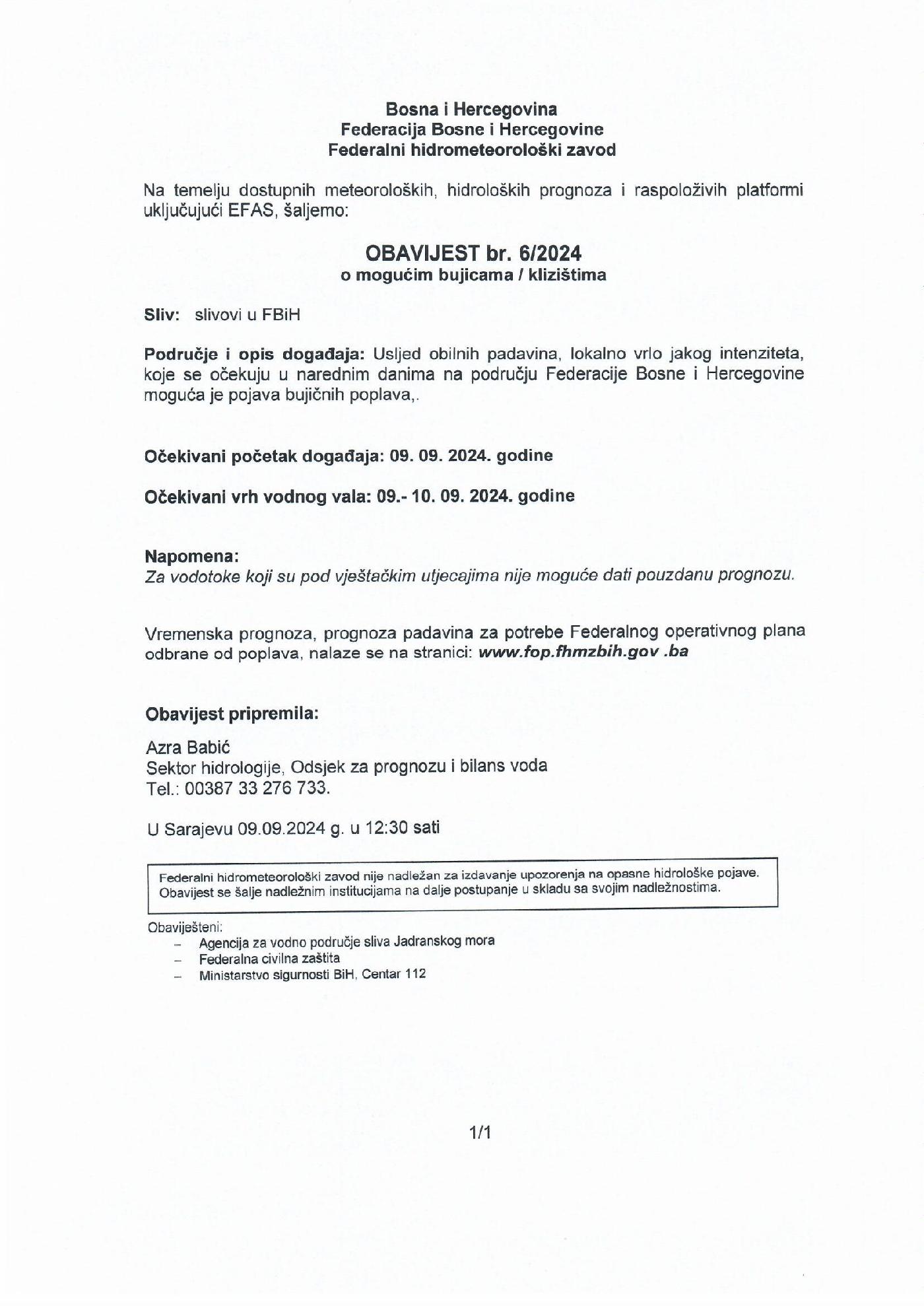 Obavijest o mogućim bujicama/klizištima