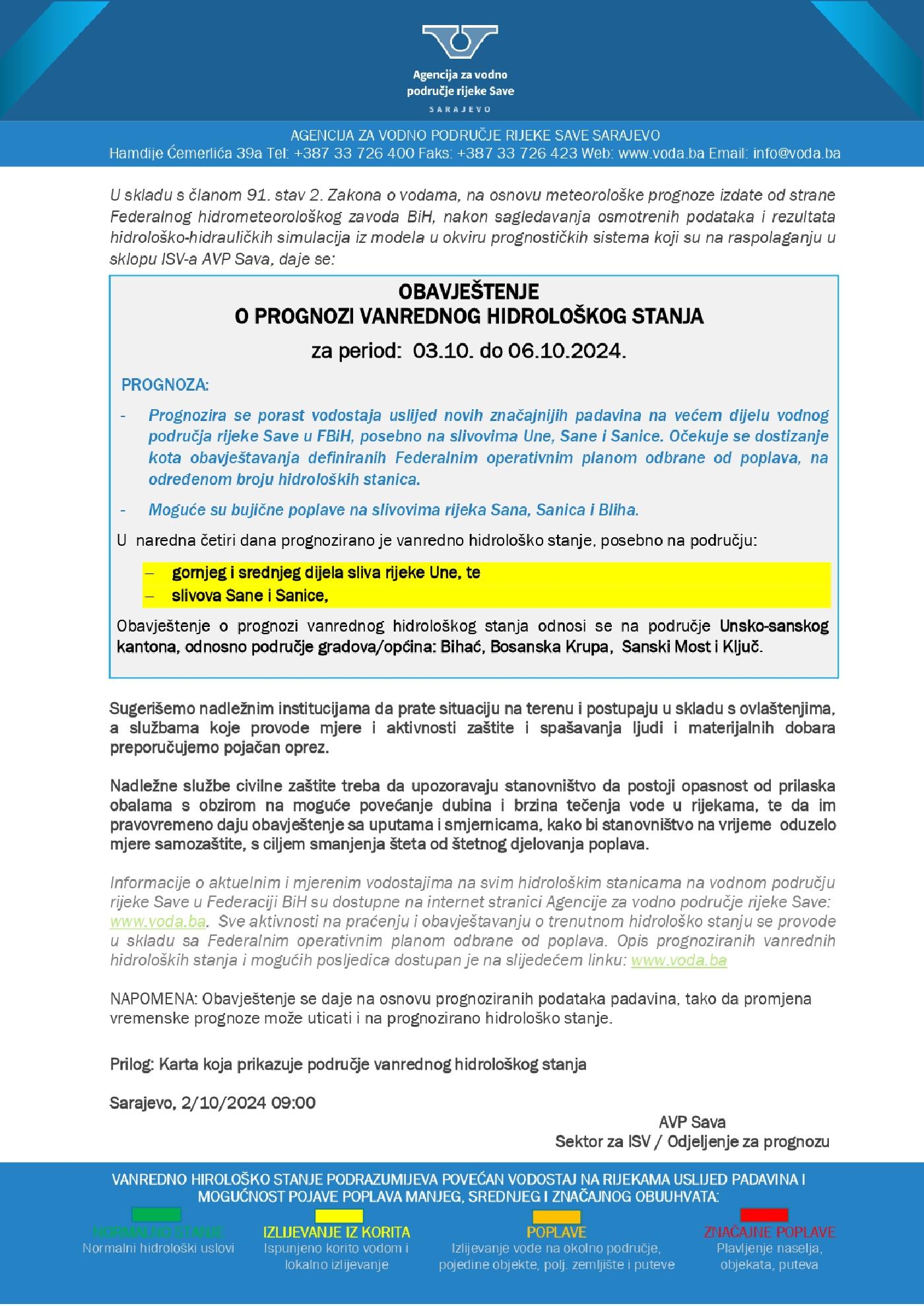 OBAVJEŠTENJE O PROGNOZI VANREDNOG HIDROLOŠKOG STANJA ZA PERIOD 03.10.-06.10.2024. GODINE
