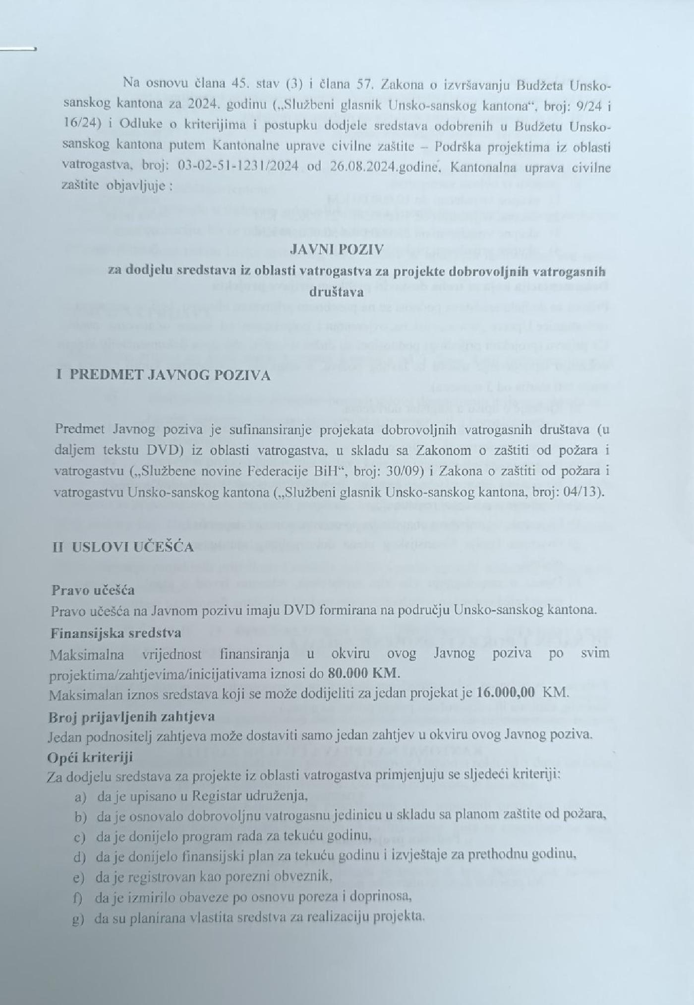 JAVNI POZIV ZA DODJELU SREDSTAVA  IZ OBLASTI VATROGASTVA ZA PROJEKTE DOBROVOLJNIH VATROGASNIH DRUŠTAVA