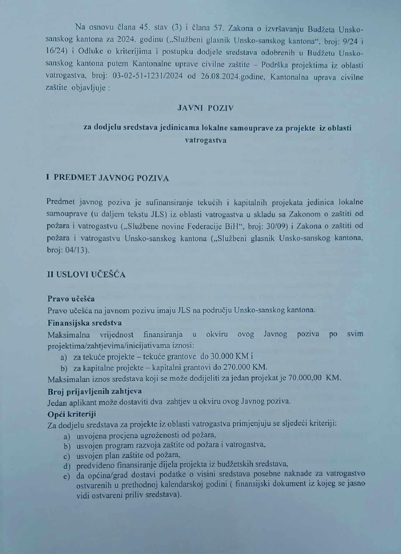 JAVNI POZIV ZA DODJELU SREDSTAVA JEDINICAMA LOKALNE SAMOUPRAVE ZA PROJEKTE IZ OBLASTI VATROGASTVA