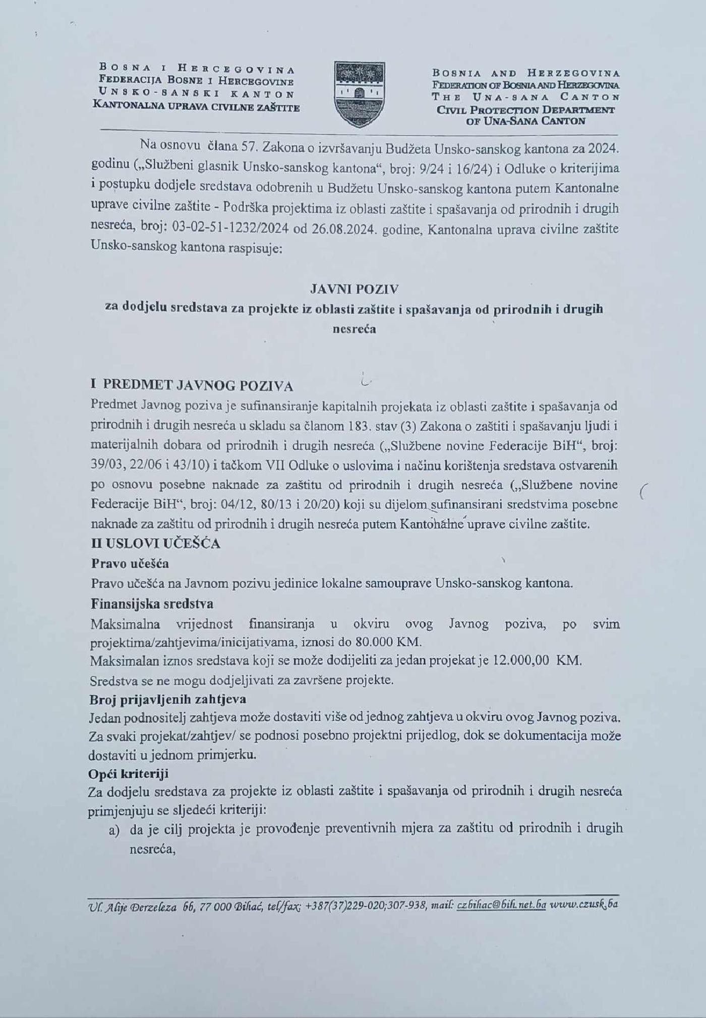 JAVNI POZIV ZA DODJELU SREDSTAVA ZA PROJEKTE IZ OBLASTI ZAŠTITE I SPAŠAVANJA OD PRIRODNIH I DRUGIH NESREĆA 