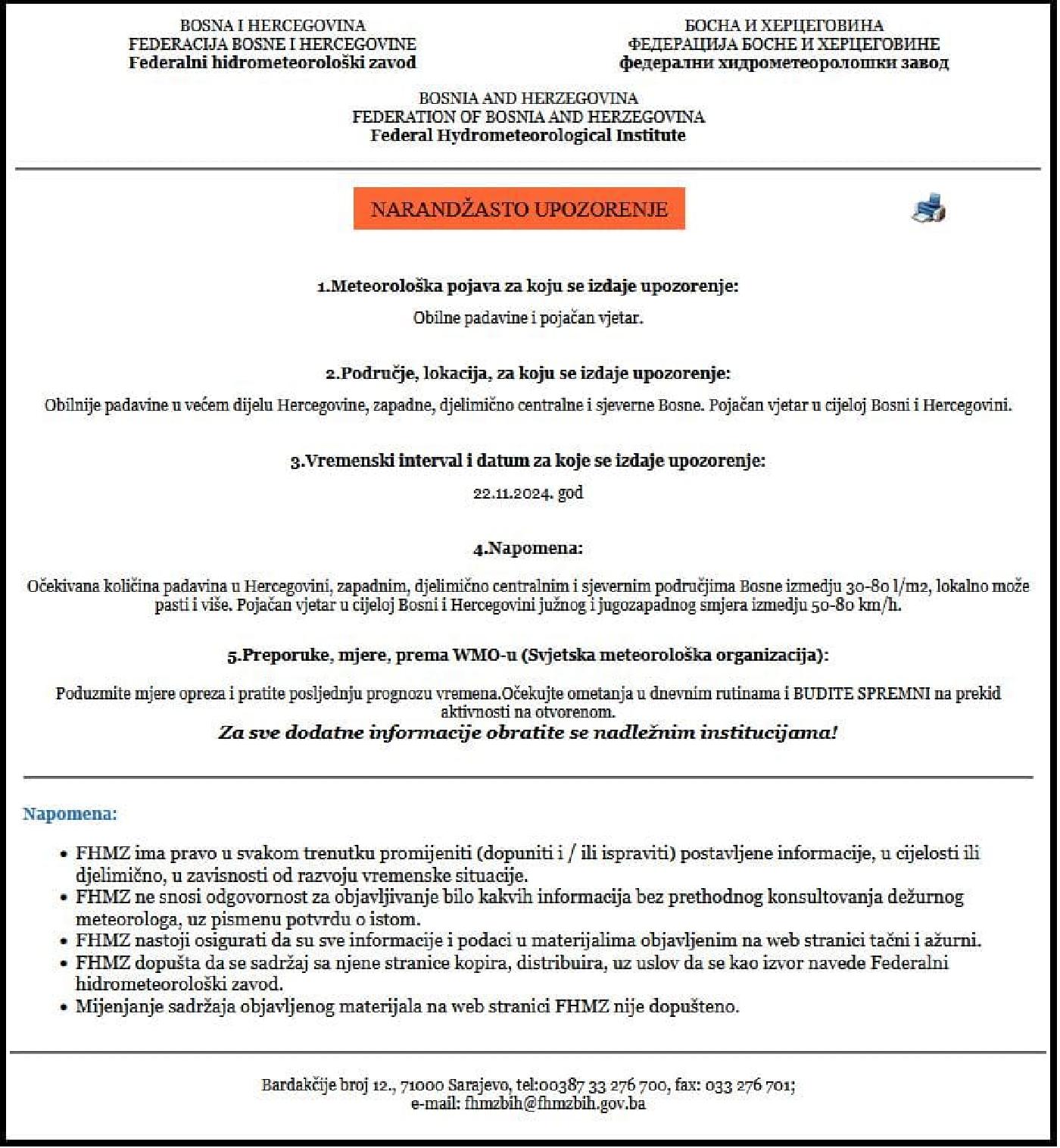 NARANDŽASTO UPOZORENJE ZA OBILNE PADAVINE I POJAČAN VJETAR