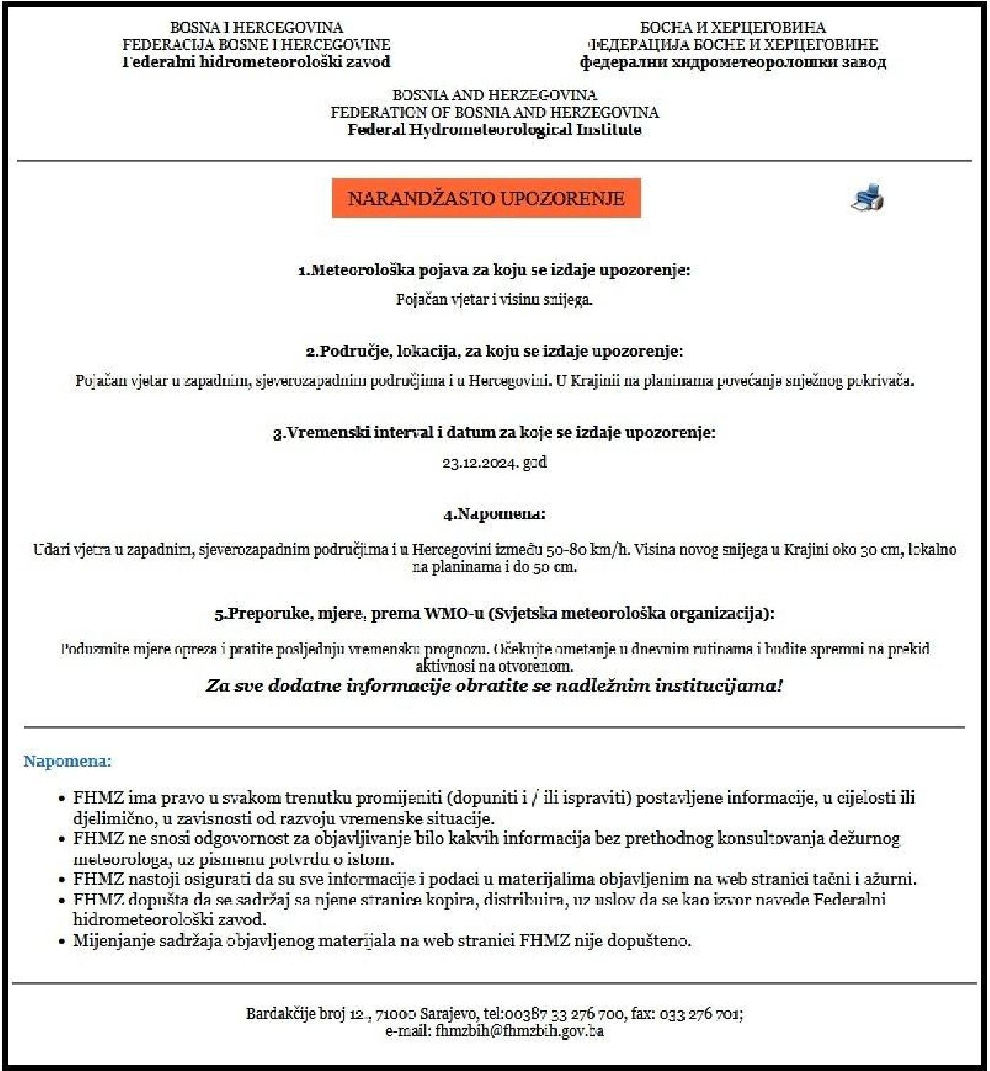 NARANDŽASTO UPOZORENJE ZA POJAČAN VJETAR I VISINU SNIJEGA