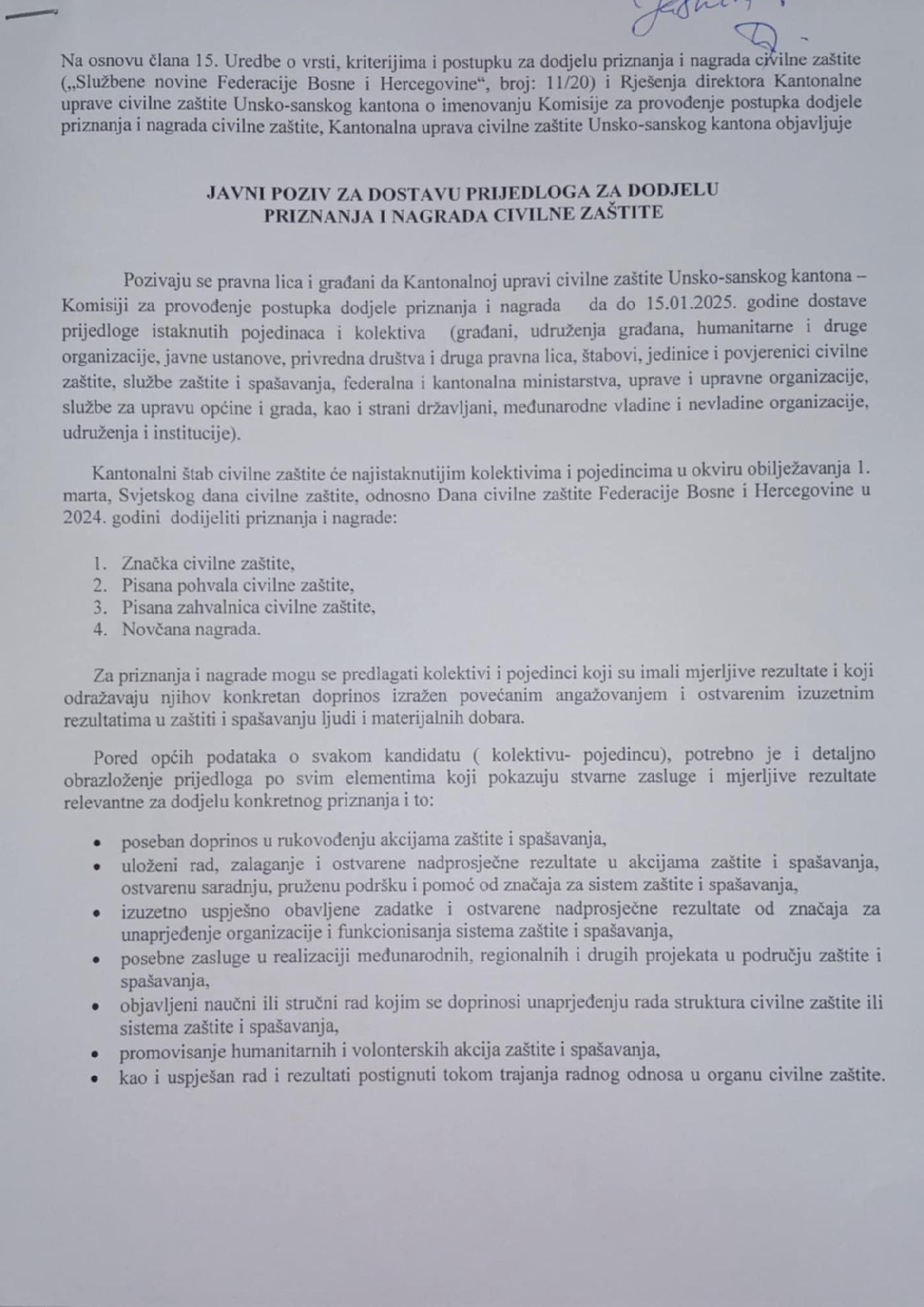 JAVNI POZIV ZA DOSTAVU PRIJEDLOGA ZA DODJELU PRIZNANJA I NAGRADA CIVILNE ZAŠTITE