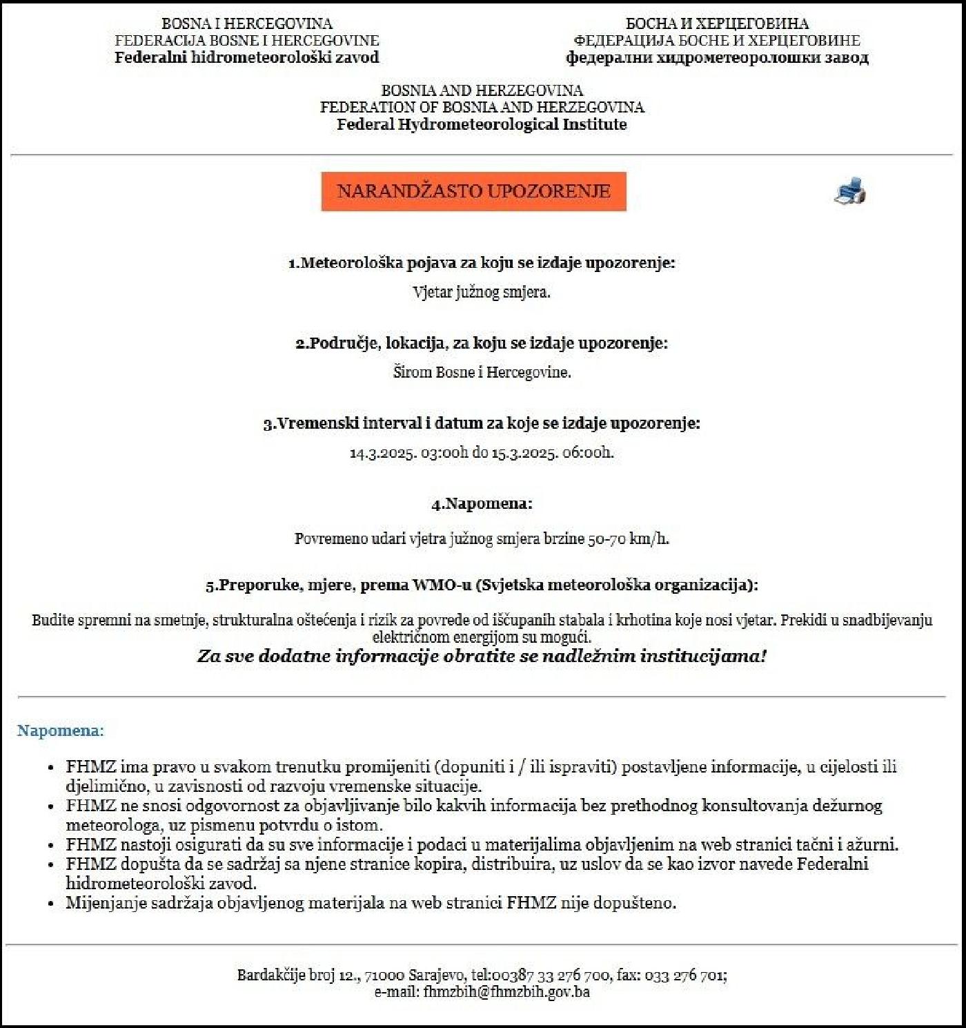 NARANDŽASTO UPOZORENJE ZA PERIOD OD 14.03.2025. - 15.03.2025. GODINE
