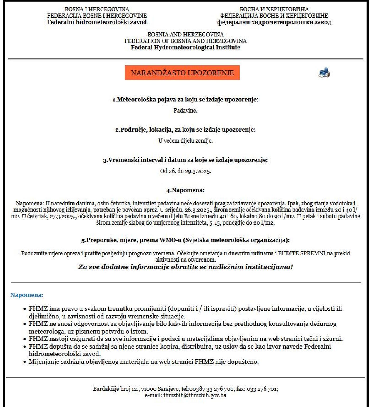 Narandžasto upozorenje za obilne padavine u periodu od 26.-29.03.2025.godine