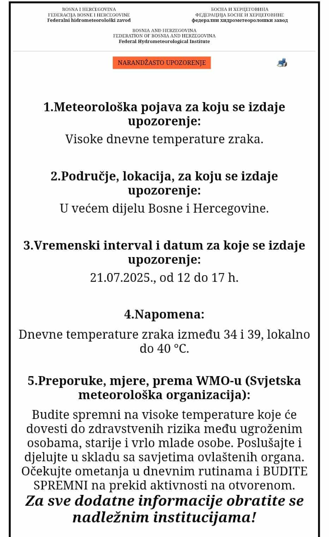 Upozorenje za visoke dnevne temperature