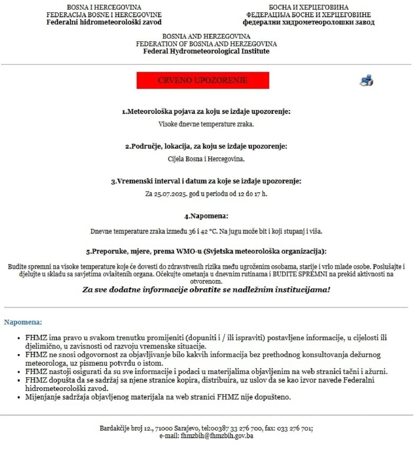 Crveno upozorenje za visoke dnevne temperature zraka za 25.07.2025. godine