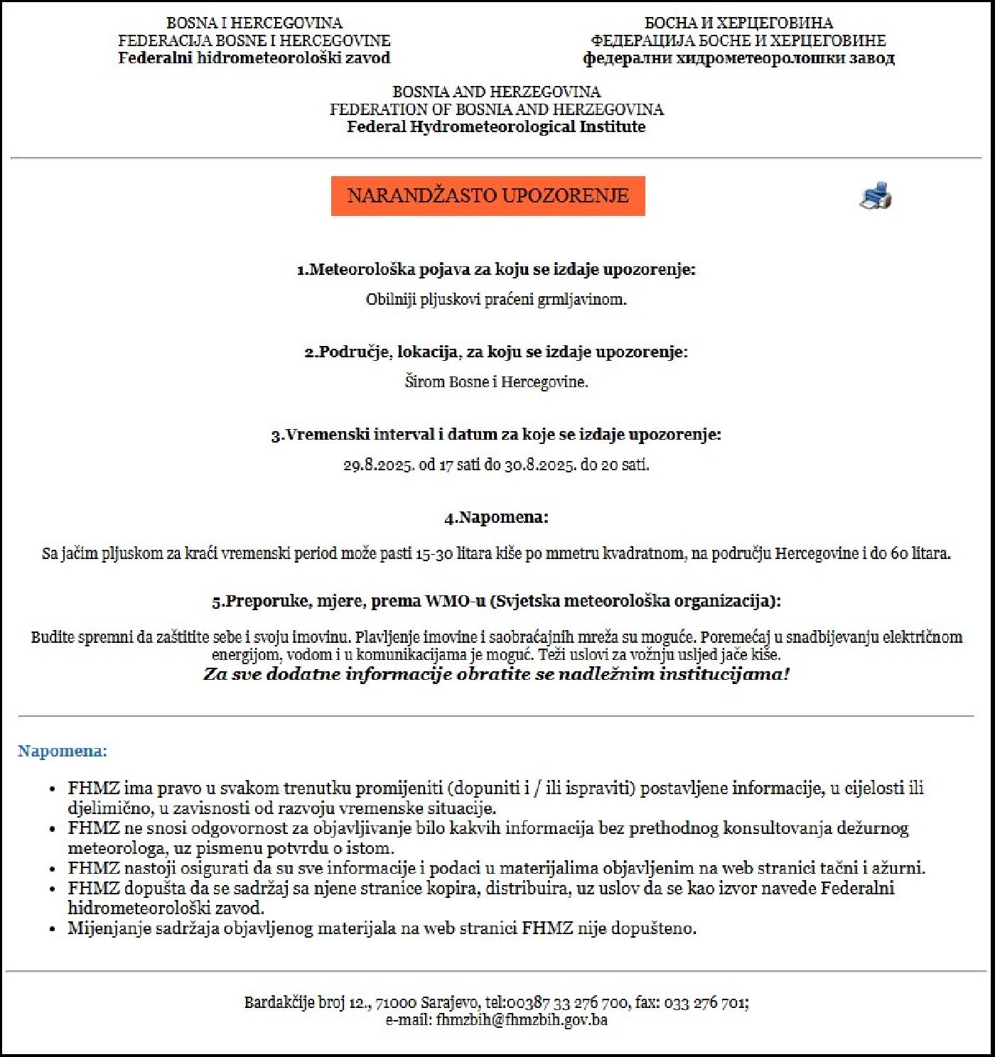 Upozorenje-Obilni pljuskovi praćeni grmljavinom