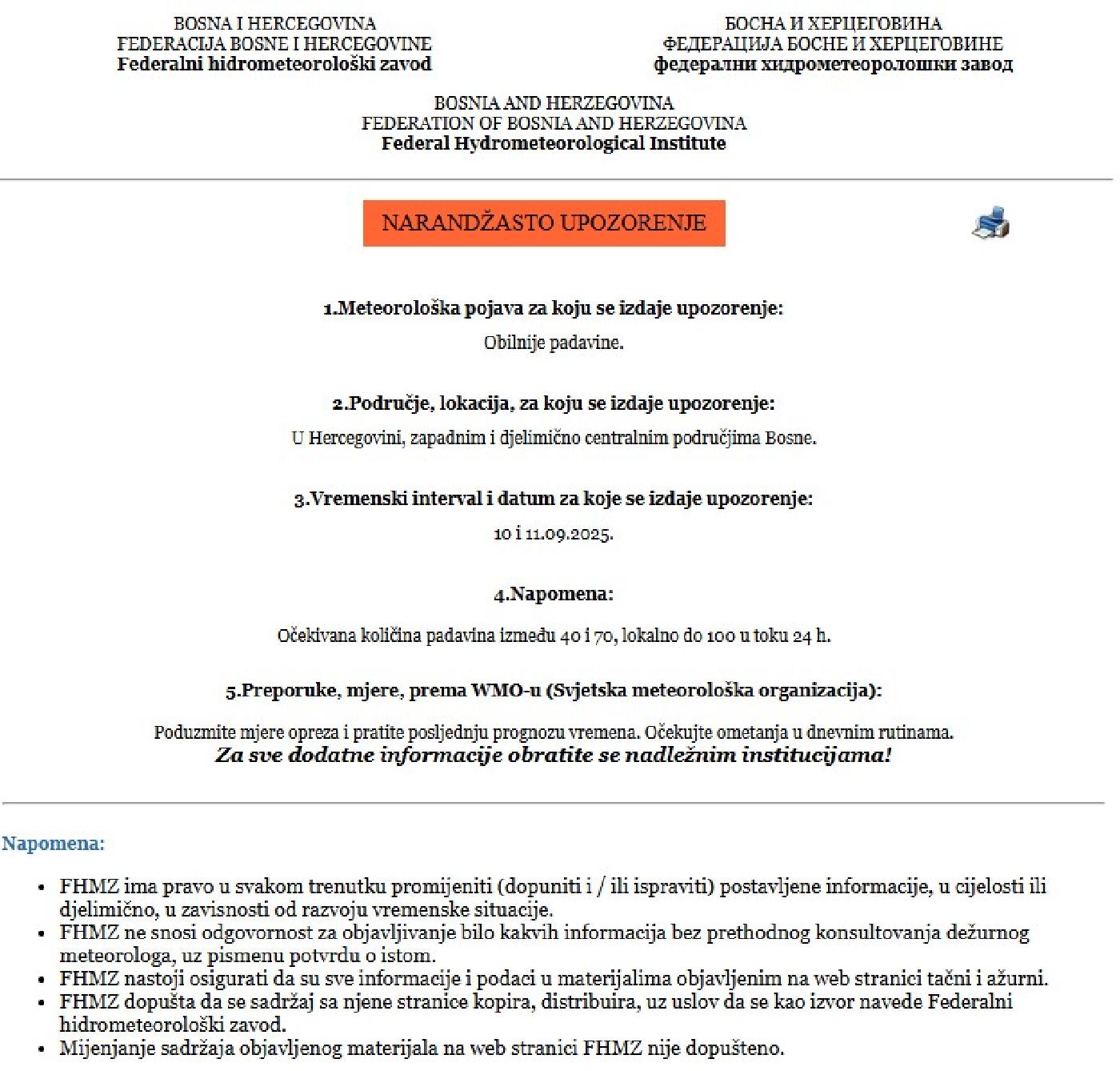 Upozorenje- obilne padavine