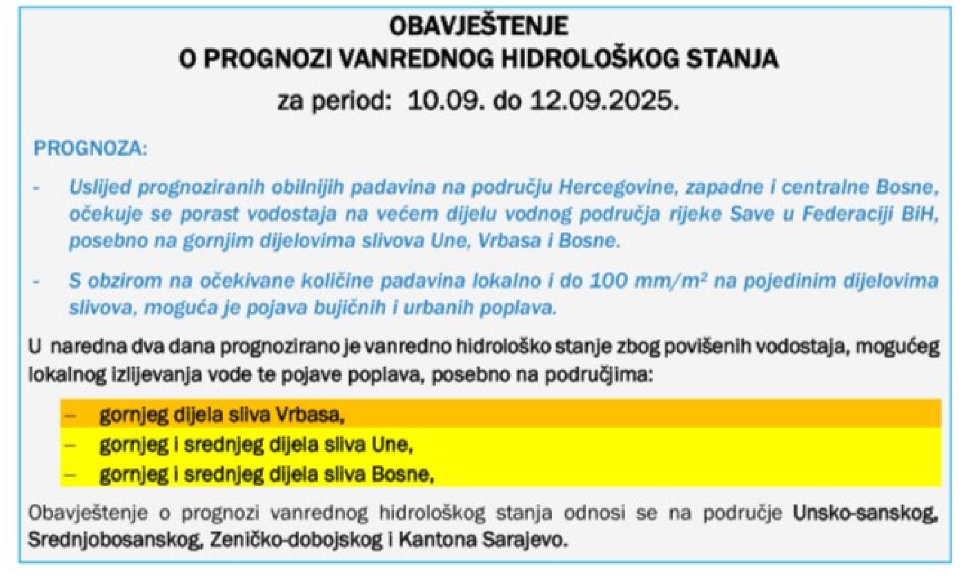 Obavještenje o prognozi vanrednog hidrološkog stanja za period-10.09.-12.09.2025. godine