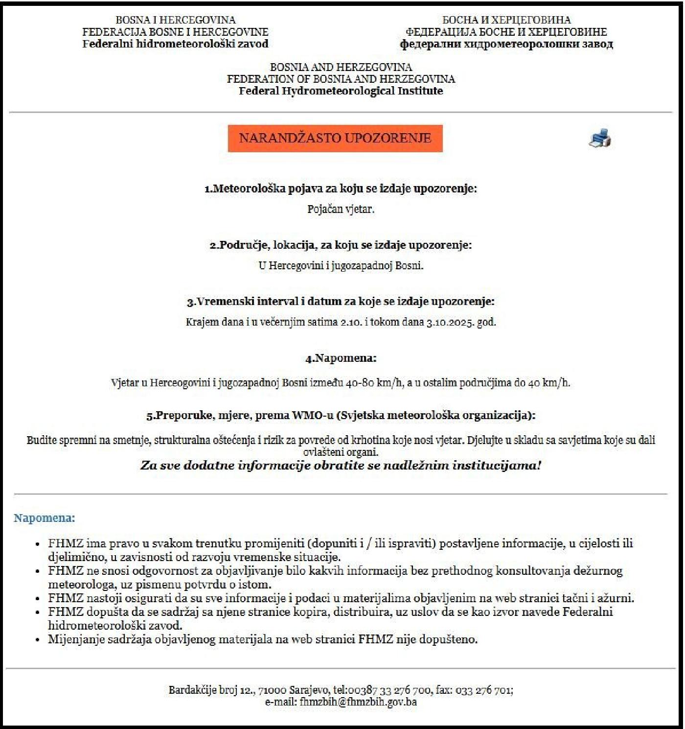 NARANDŽASTO UPOZORENJE-POJAČAN VJETAR