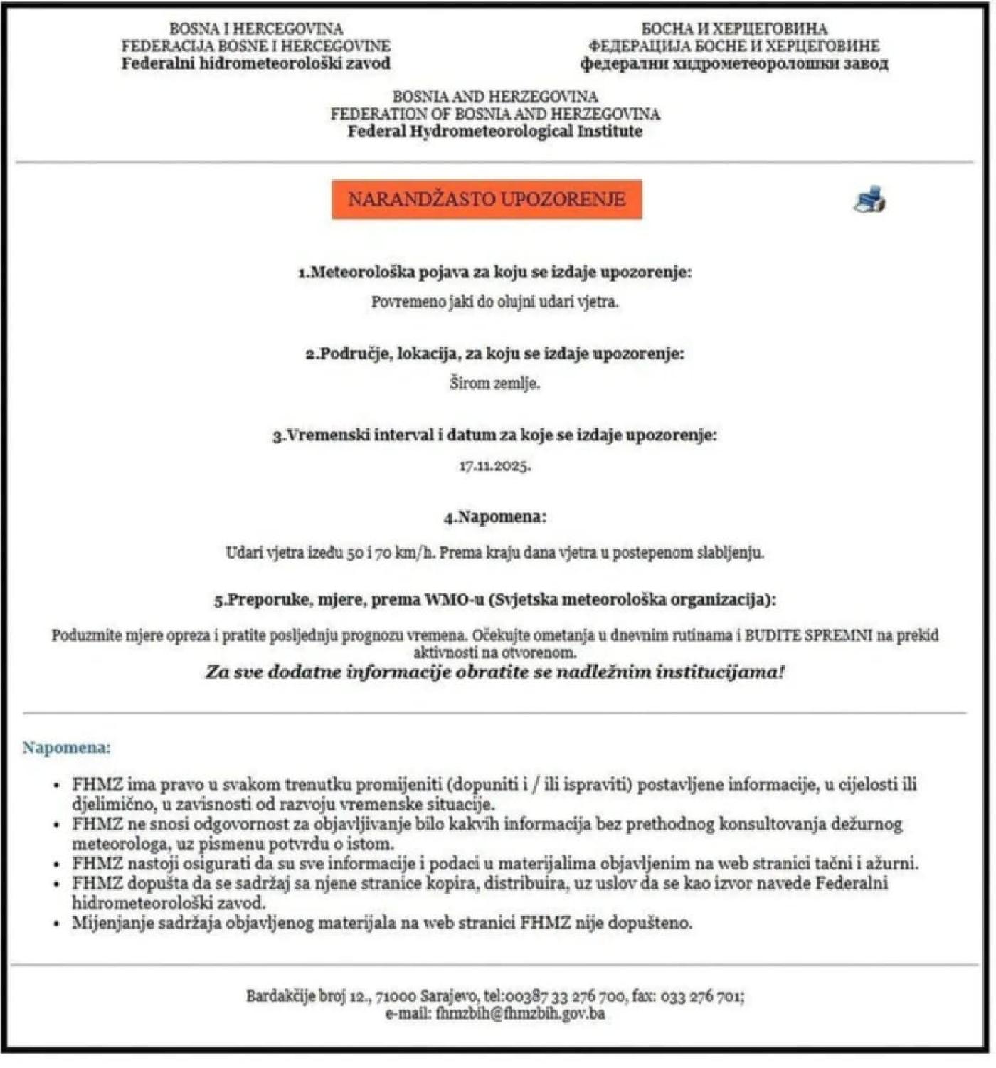 NARANDŽASTO UPOZORENJE ZA POVREMENO JAKI DO OLUJNI UDARI VJETARA