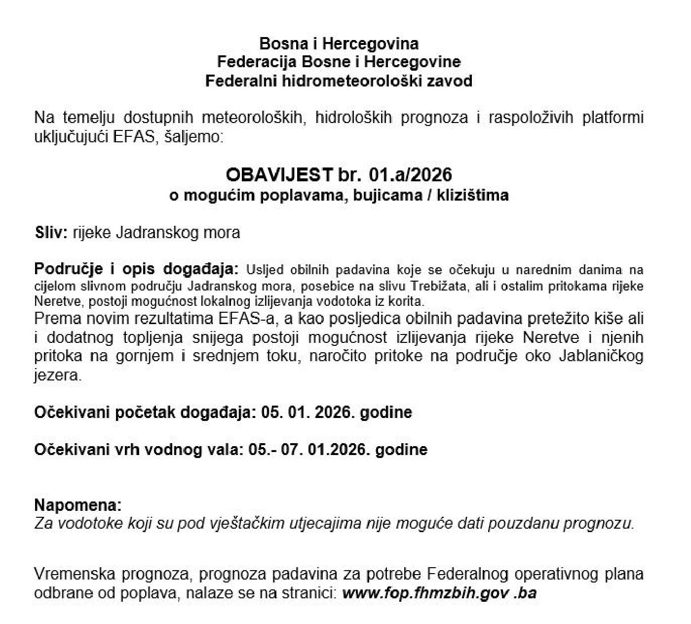 OBAVIJEST o mogućim poplavama, bujicama / klizištima