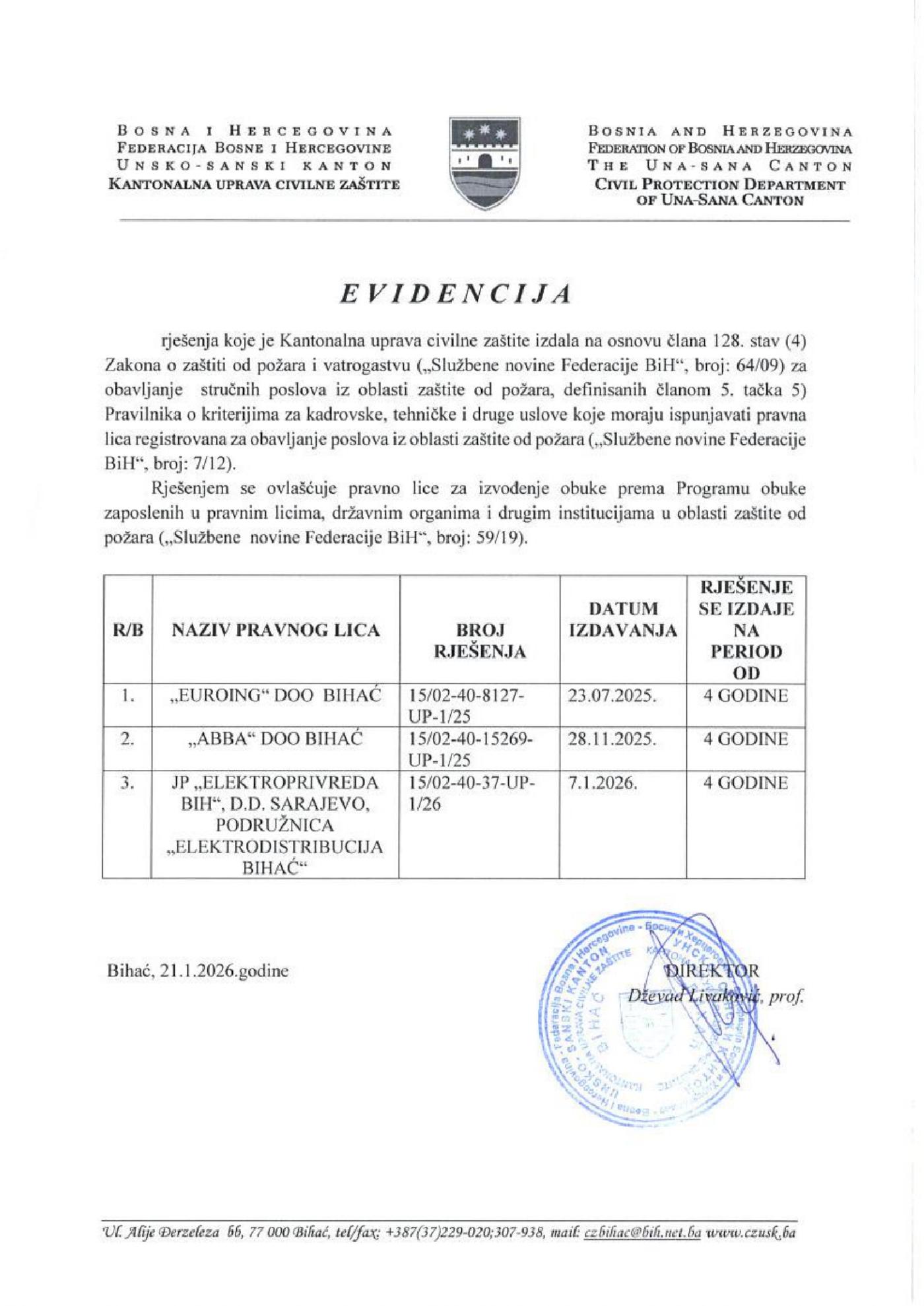 Evidencija lica registrovanih za obavljanje poslova iz oblasti zaštite od požara