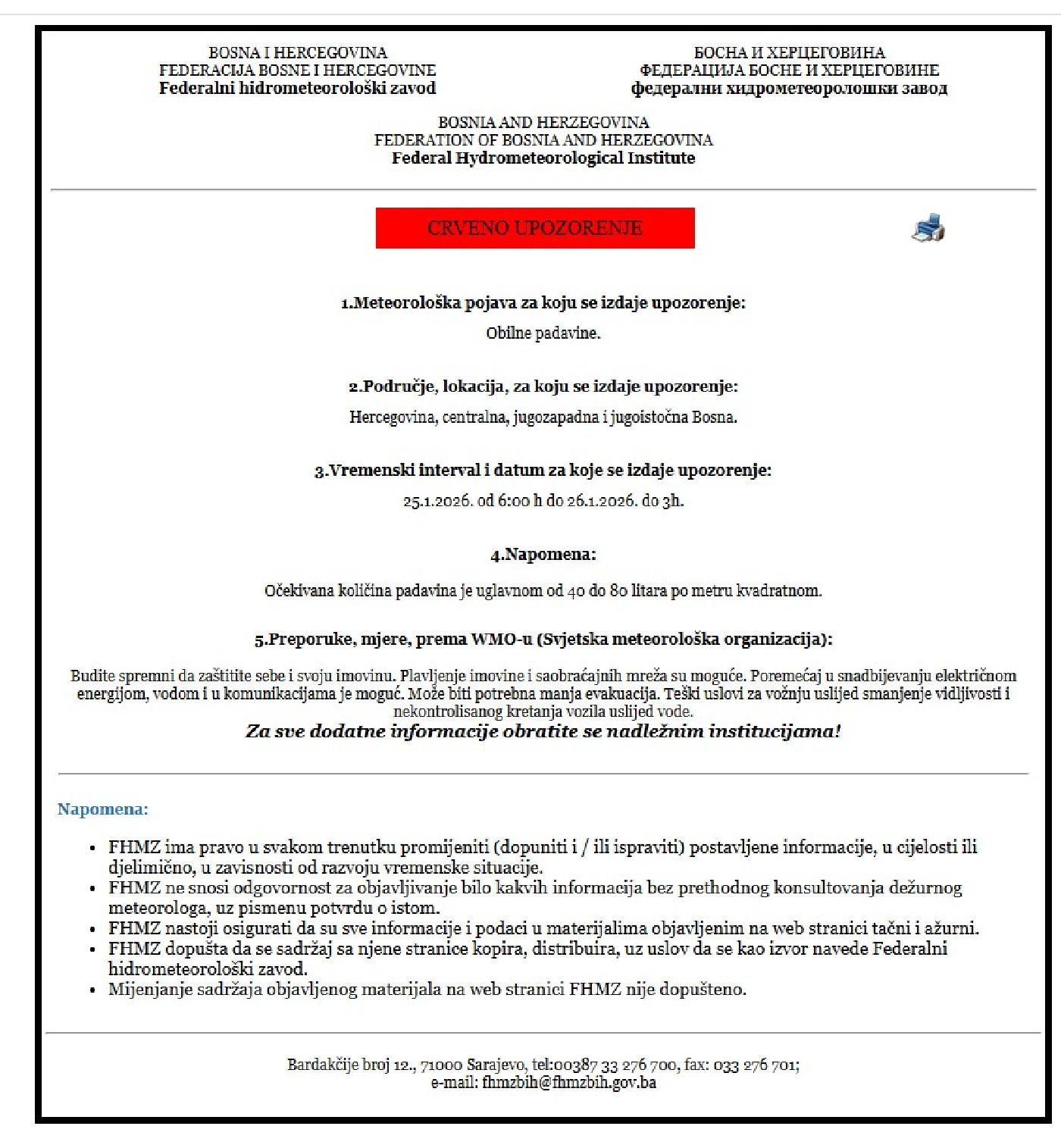 CRVENO UPOZORENJE ZA OBILNE PADAVINE