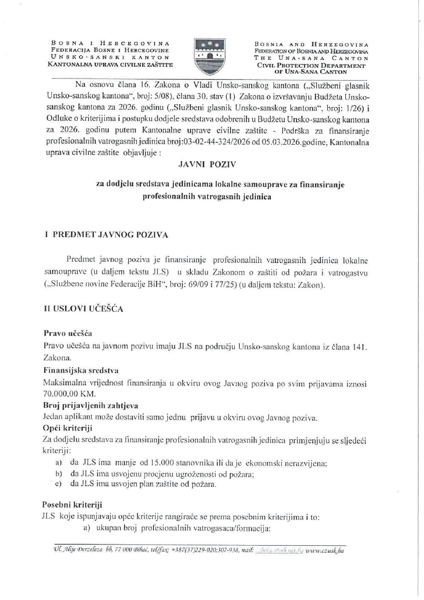 JAVNI POZIV ZA DODJELU SREDSTAVA  JEDINICAMA LOKALNE SAMOUPRAVE ZA FINANSIRANJE PROFESIONALKNIH VATROGASNIH JEDINICA