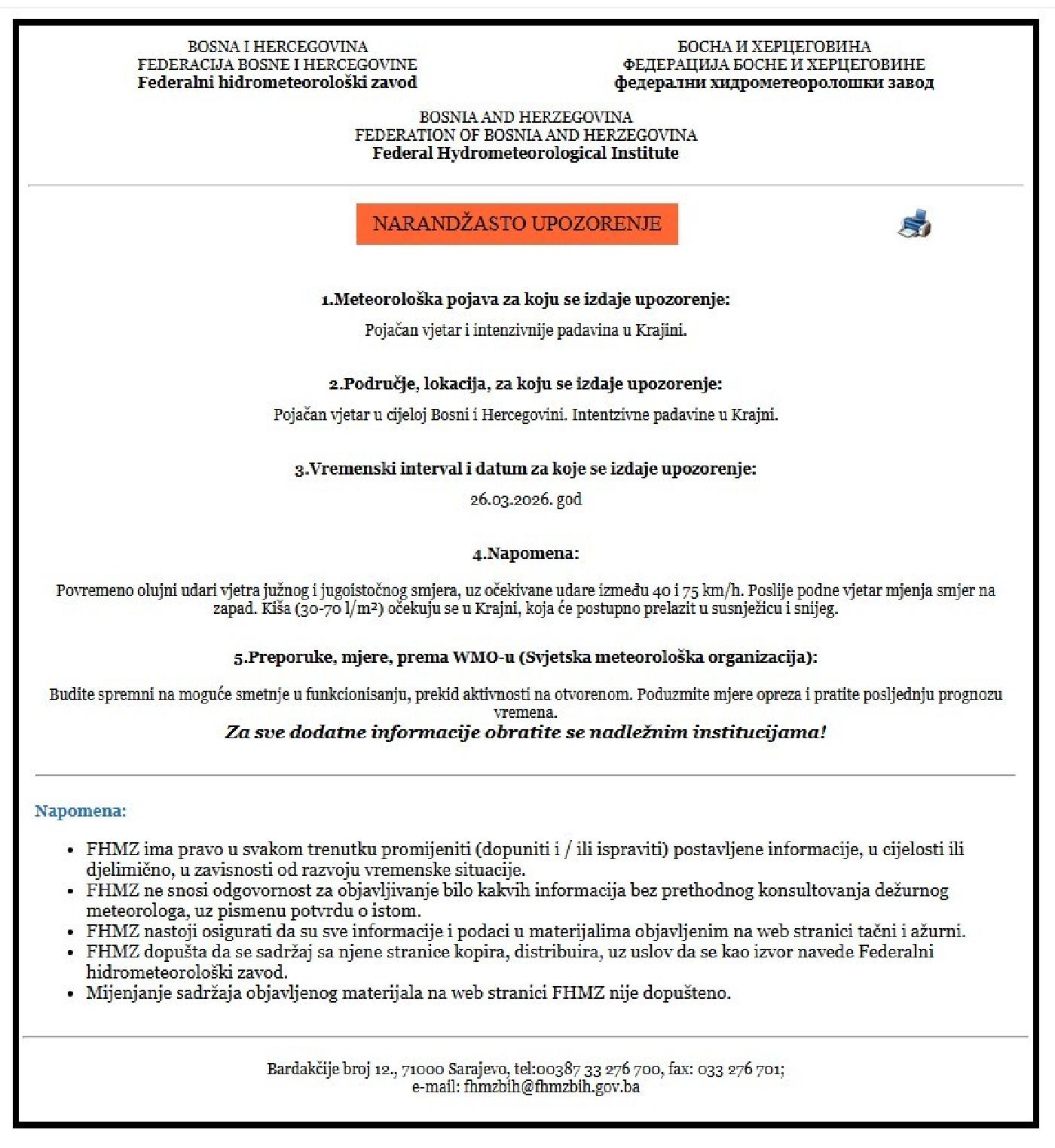Narandžasto upozorenje za pojačan vjetar i intenzivnije padavine