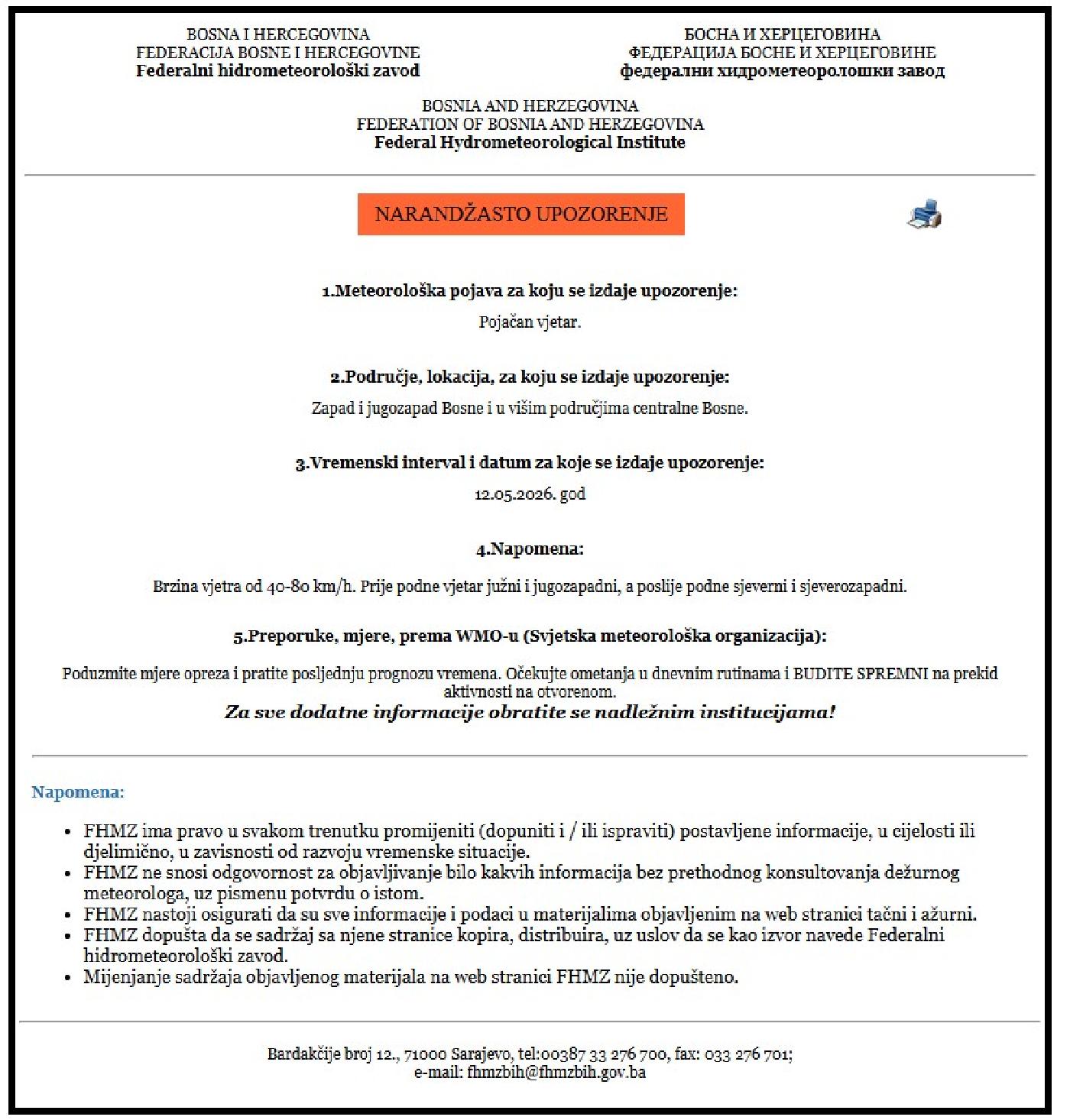 Narandžasto upozorenje za pojačan vjetar 