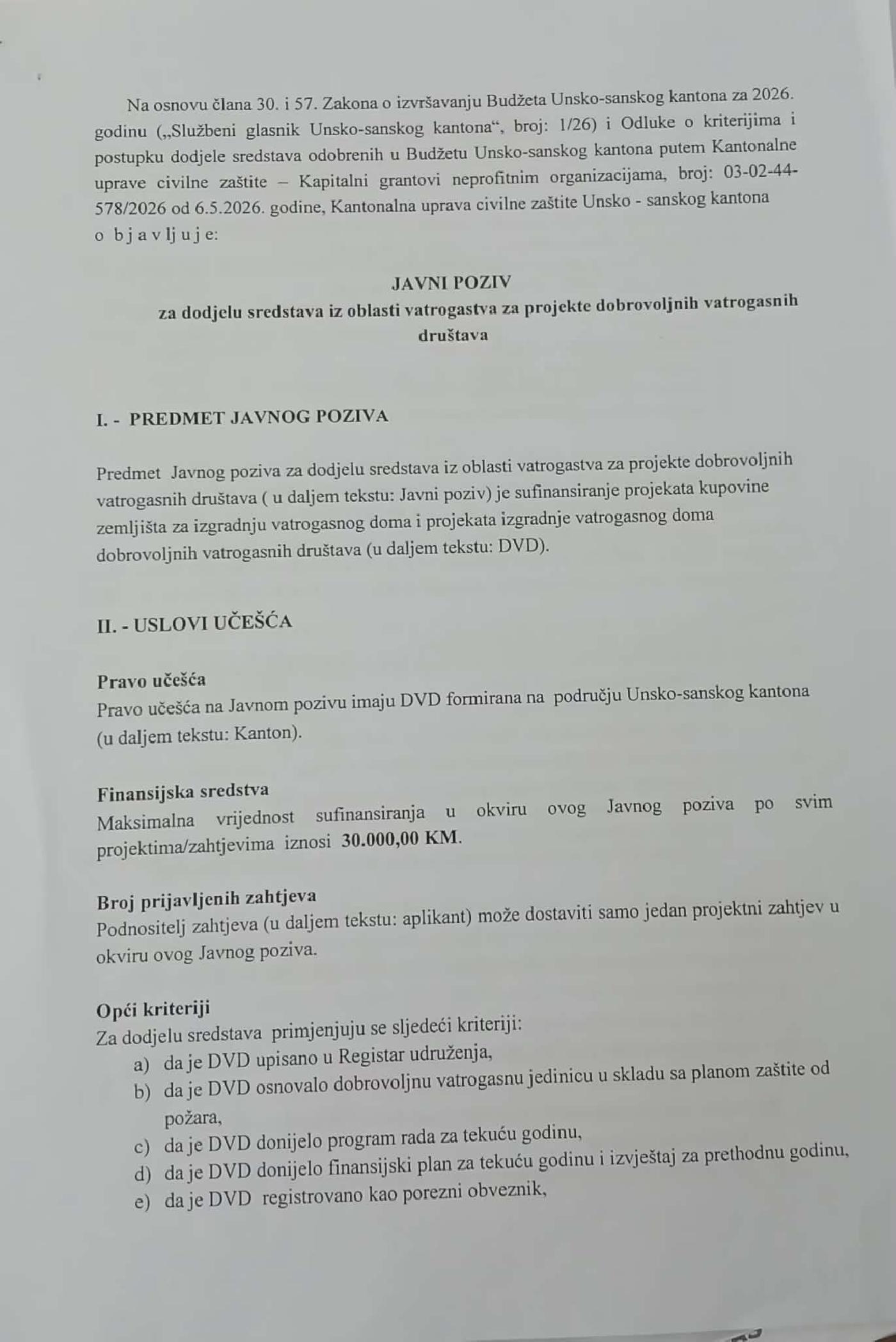 JAVNI POZIV ZA DODJELU SREDSTAVA IZ OBLASTI VATROGASTVA ZA PROJEKTE DOBROVOLJNIH VATROGASNASNIH DRUŠTAVA
