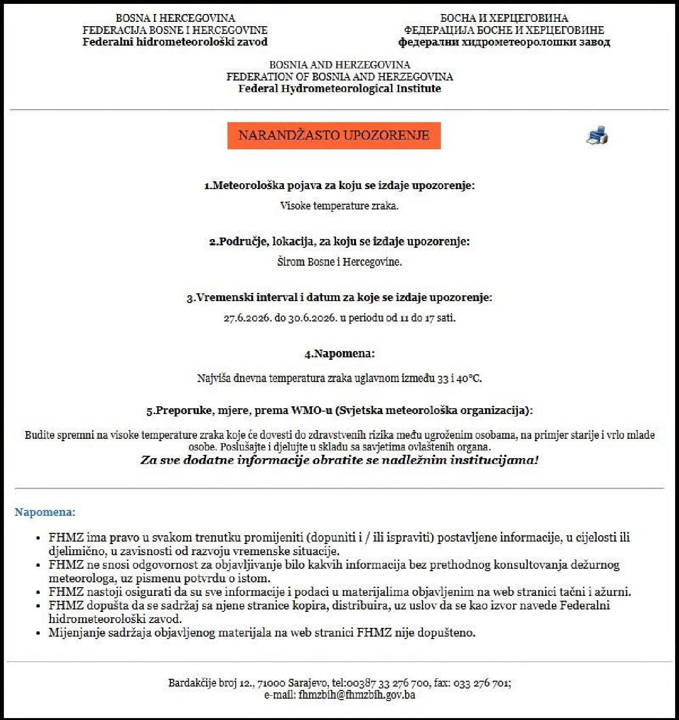 Narandžasto upozorenje za visoke temperature zraka za period od 27.06.2026.-30.06.2026. godine