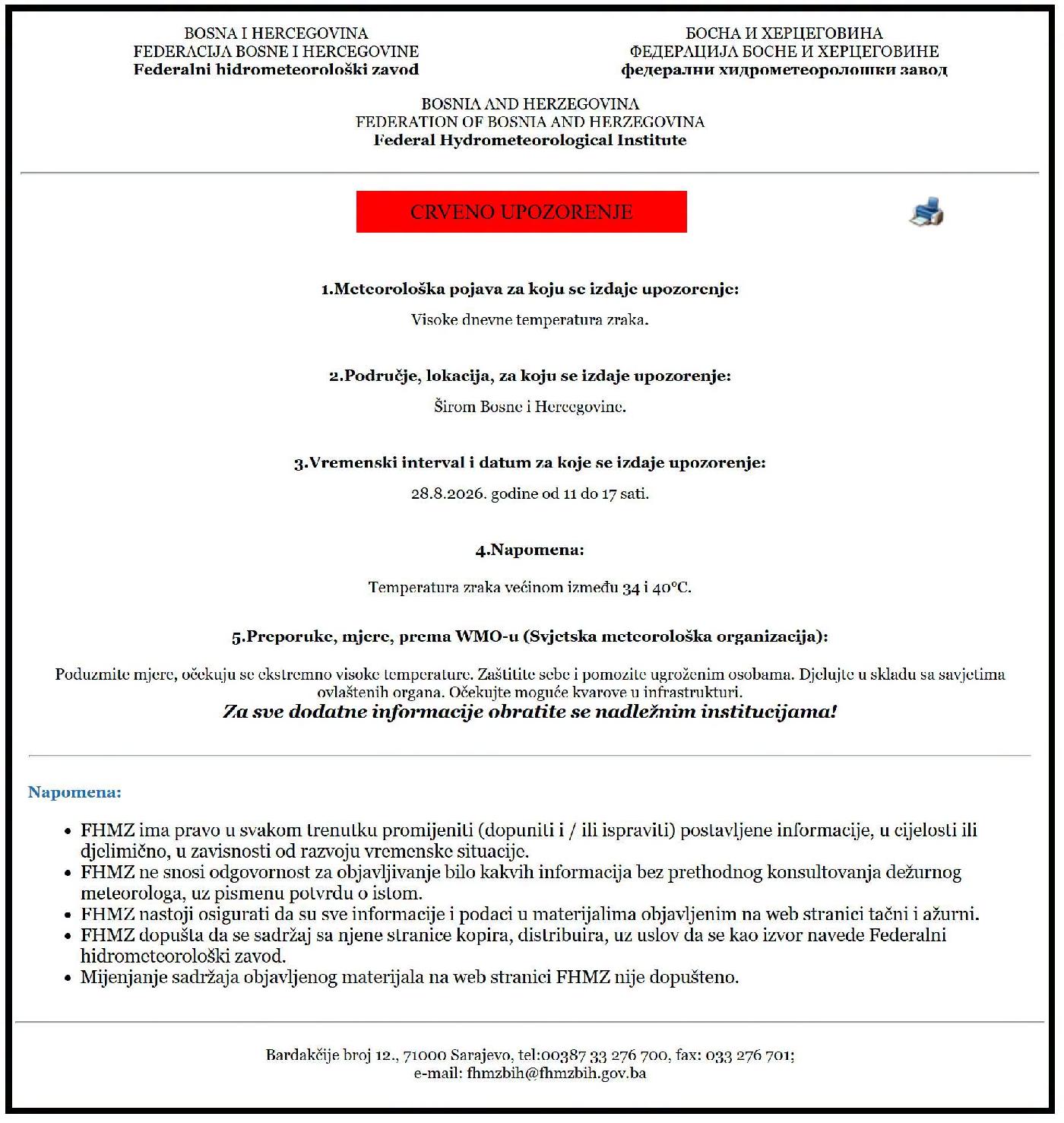 Crveno upozorenje za visoke temperature zraka